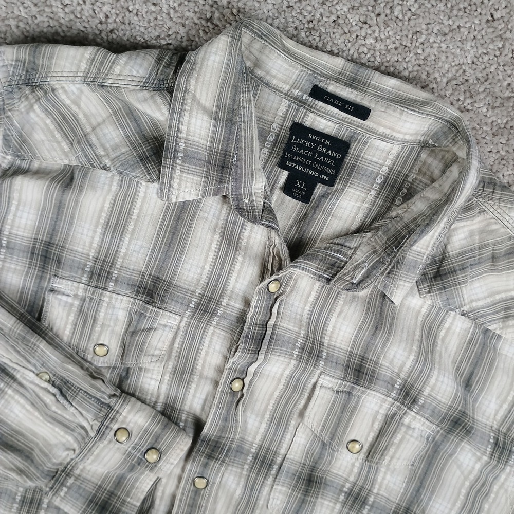 Lucky Brand Black Label Men XL Plaid Western Pearl Snap Shirt Gray Classic Fit